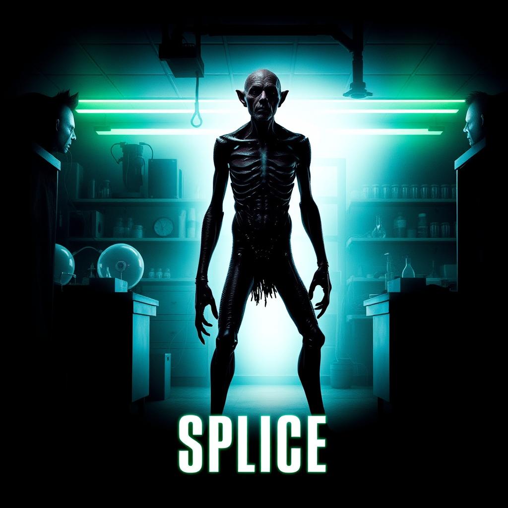 A teaser poster inspired by 'Splice' (2010), showcasing a dark, surreal laboratory environment