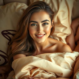 A beautiful young woman with striking features including high cheekbones, full lips, and long flowing hair, lying on a soft, elegant bed surrounded by luxurious fabrics