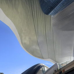 An architectural design of a roof with a unique curved structure