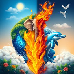 A vibrant and balanced depiction of the four elements: Earth, Water, Fire, and Air, harmoniously integrated into a single portrait-style background