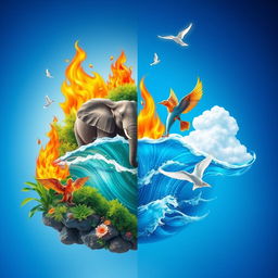 A vibrant and balanced depiction of the four elements: Earth, Water, Fire, and Air, harmoniously integrated into a single portrait-style background