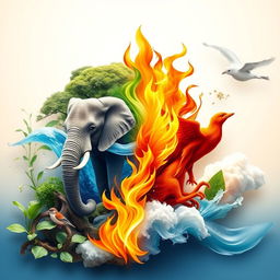 A vibrant and balanced depiction of the four elements: Earth, Water, Fire, and Air, harmoniously integrated into a single portrait-style background