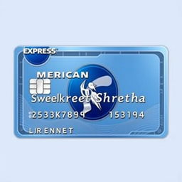 A credit card design for an American Express card featuring the name 'Swekreet Shrestha'