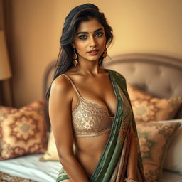 A tasteful and artistic representation of an Indian woman elegantly wearing beautiful lingerie, showcasing intricate details and cultural patterns in the fabric