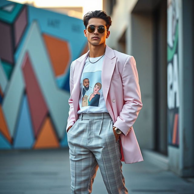 A fashionable male model standing confidently in an aesthetic urban setting, wearing a trendy oversized pastel pink blazer, a white graphic t-shirt featuring abstract art, high-waisted tailored trousers with a subtle check pattern, and sleek white sneakers