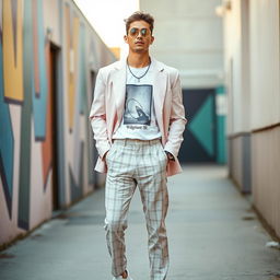 A fashionable male model standing confidently in an aesthetic urban setting, wearing a trendy oversized pastel pink blazer, a white graphic t-shirt featuring abstract art, high-waisted tailored trousers with a subtle check pattern, and sleek white sneakers