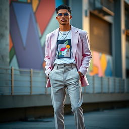 A fashionable male model standing confidently in an aesthetic urban setting, wearing a trendy oversized pastel pink blazer, a white graphic t-shirt featuring abstract art, high-waisted tailored trousers with a subtle check pattern, and sleek white sneakers