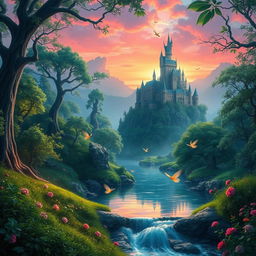 A stunning fantasy landscape wallpaper depicting a mythical forest with towering, ancient trees, shimmering emerald leaves, and soft, glowing lights scattered throughout
