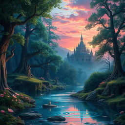 A stunning fantasy landscape wallpaper depicting a mythical forest with towering, ancient trees, shimmering emerald leaves, and soft, glowing lights scattered throughout