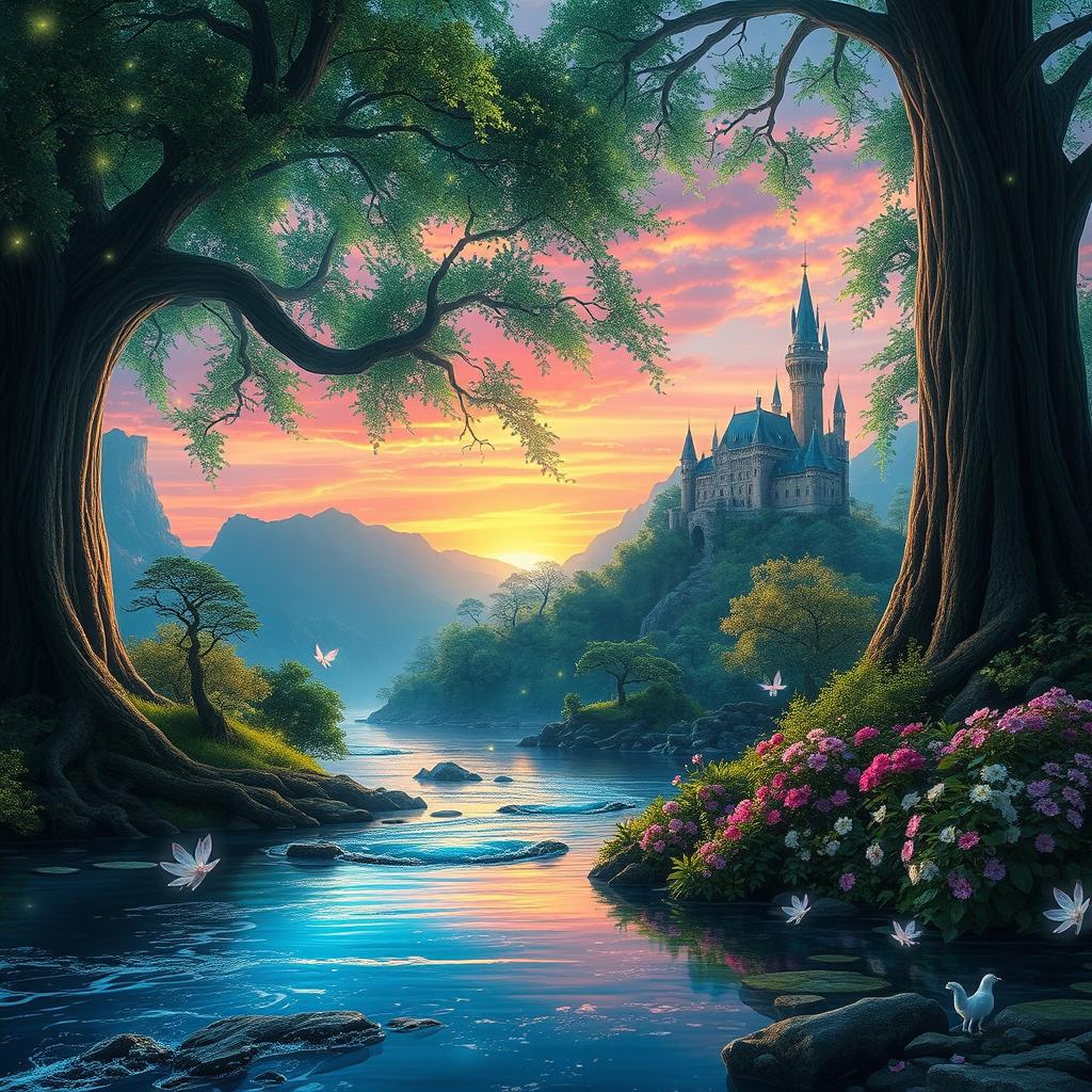 A stunning fantasy landscape wallpaper depicting a mythical forest with towering, ancient trees, shimmering emerald leaves, and soft, glowing lights scattered throughout