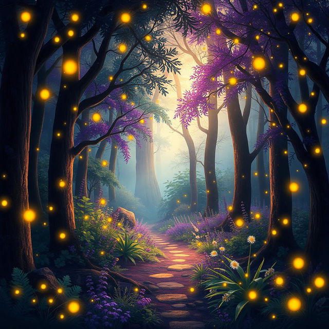 A whimsical magical forest bursting with vibrant violet, deep black, lush green, and shimmering gold hues