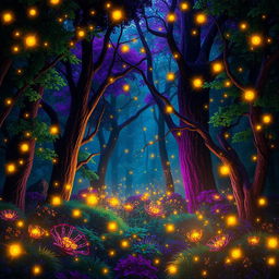A whimsical magical forest bursting with vibrant violet, deep black, lush green, and shimmering gold hues