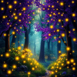 A whimsical magical forest bursting with vibrant violet, deep black, lush green, and shimmering gold hues