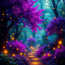 A whimsical magical forest bursting with vibrant violet, deep black, lush green, and shimmering gold hues