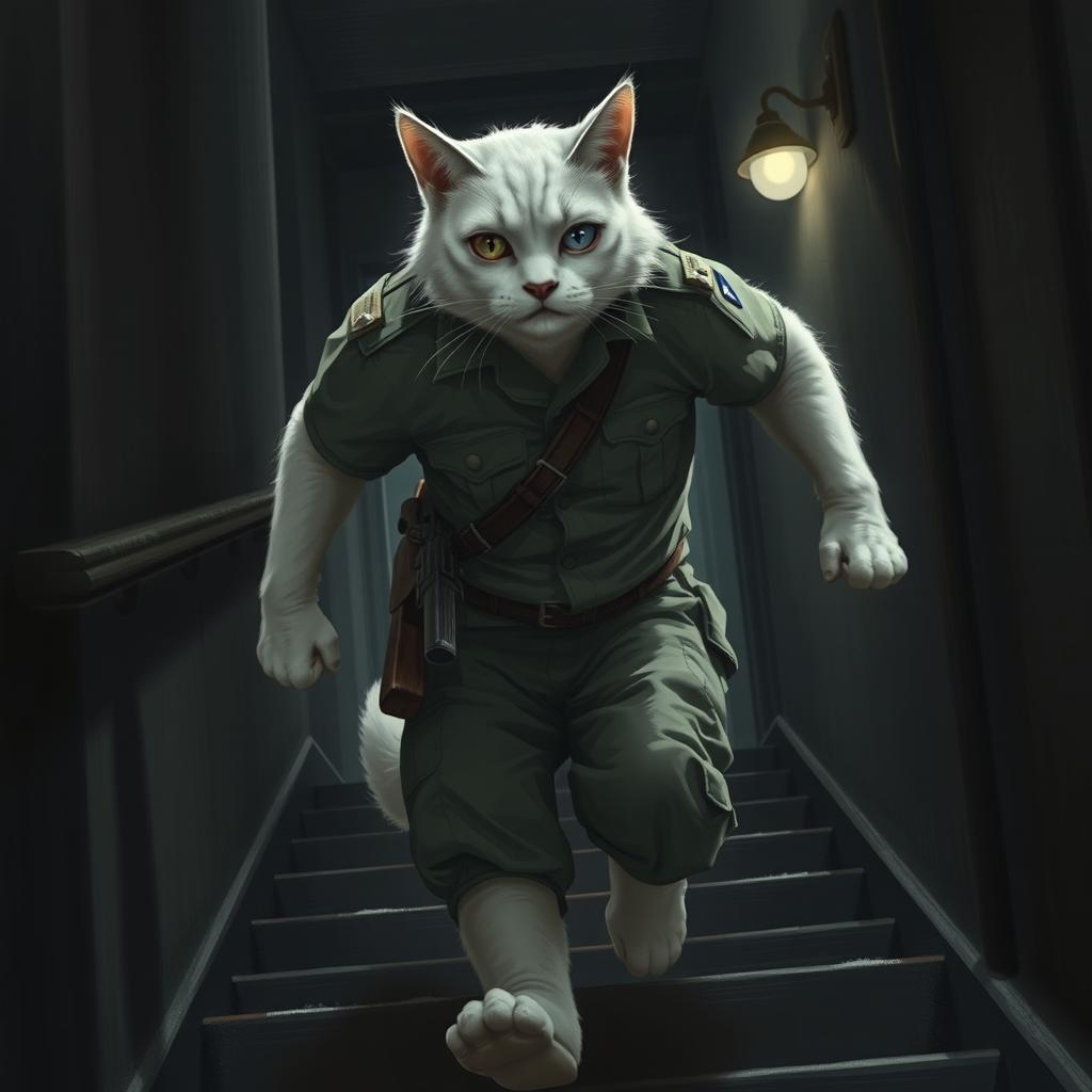A muscular white male cat in a slightly disheveled military uniform is rapidly descending stairs inside a dimly lit building