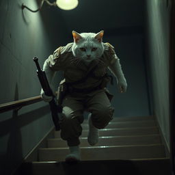 A muscular white male cat in a slightly disheveled military uniform is rapidly descending stairs inside a dimly lit building