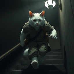 A muscular white male cat in a slightly disheveled military uniform is rapidly descending stairs inside a dimly lit building