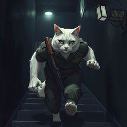 A muscular white male cat in a slightly disheveled military uniform is rapidly descending stairs inside a dimly lit building