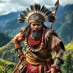 A powerful Ifugao warrior and leader named Aliguyon, showcasing his strength and battle prowess