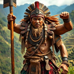 A powerful Ifugao warrior and leader named Aliguyon, showcasing his strength and battle prowess