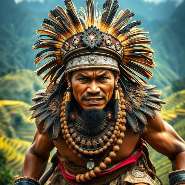 A powerful Ifugao warrior and leader named Aliguyon, showcasing his strength and battle prowess