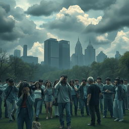 An evocative depiction illustrating the concept of mass psychogenic illness triggered by stress within a community