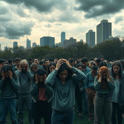 An evocative depiction illustrating the concept of mass psychogenic illness triggered by stress within a community