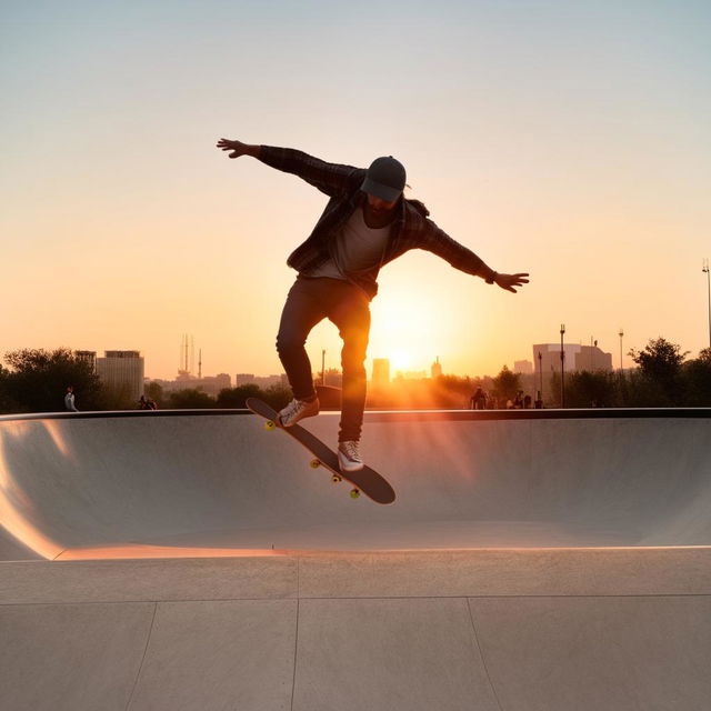 A skateboarder performing a mid-air trick with a cityscape background during sunset.