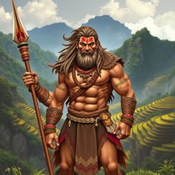 A mighty warrior named Aliguyon, standing proudly as the leader of the Ifugao people