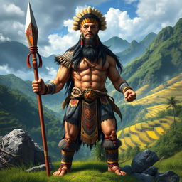 A mighty warrior named Aliguyon, standing proudly as the leader of the Ifugao people