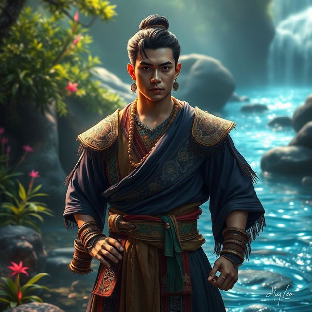 A heroic figure resembling Lam-ang, a legendary hero from Ilocos, exuding handsome features and incredible bravery