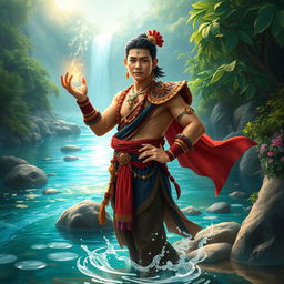 A heroic figure resembling Lam-ang, a legendary hero from Ilocos, exuding handsome features and incredible bravery