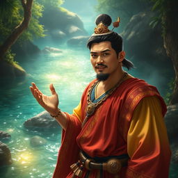 A heroic figure resembling Lam-ang, a legendary hero from Ilocos, exuding handsome features and incredible bravery