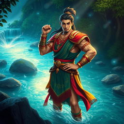 A heroic figure resembling Lam-ang, a legendary hero from Ilocos, exuding handsome features and incredible bravery