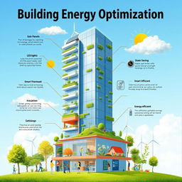 A visually engaging poster about building energy optimization, featuring a modern skyscraper integrated with greenery, solar panels, and wind turbines