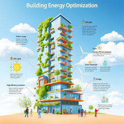 A visually engaging poster about building energy optimization, featuring a modern skyscraper integrated with greenery, solar panels, and wind turbines