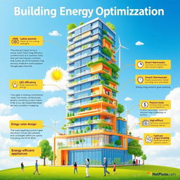A visually engaging poster about building energy optimization, featuring a modern skyscraper integrated with greenery, solar panels, and wind turbines
