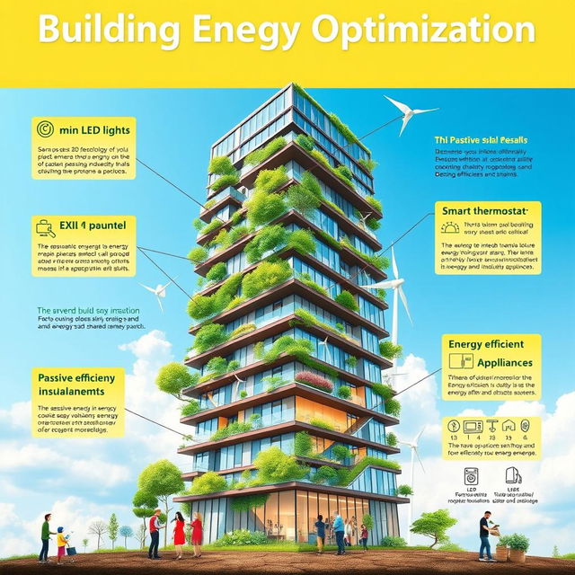 A visually engaging poster about building energy optimization, featuring a modern skyscraper integrated with greenery, solar panels, and wind turbines