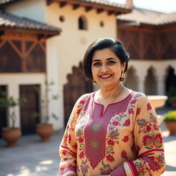 A beautiful mature Pakistani woman dressed in an elegant and colorful salwar kameez, standing gracefully against a picturesque backdrop of a traditional Pakistani courtyard