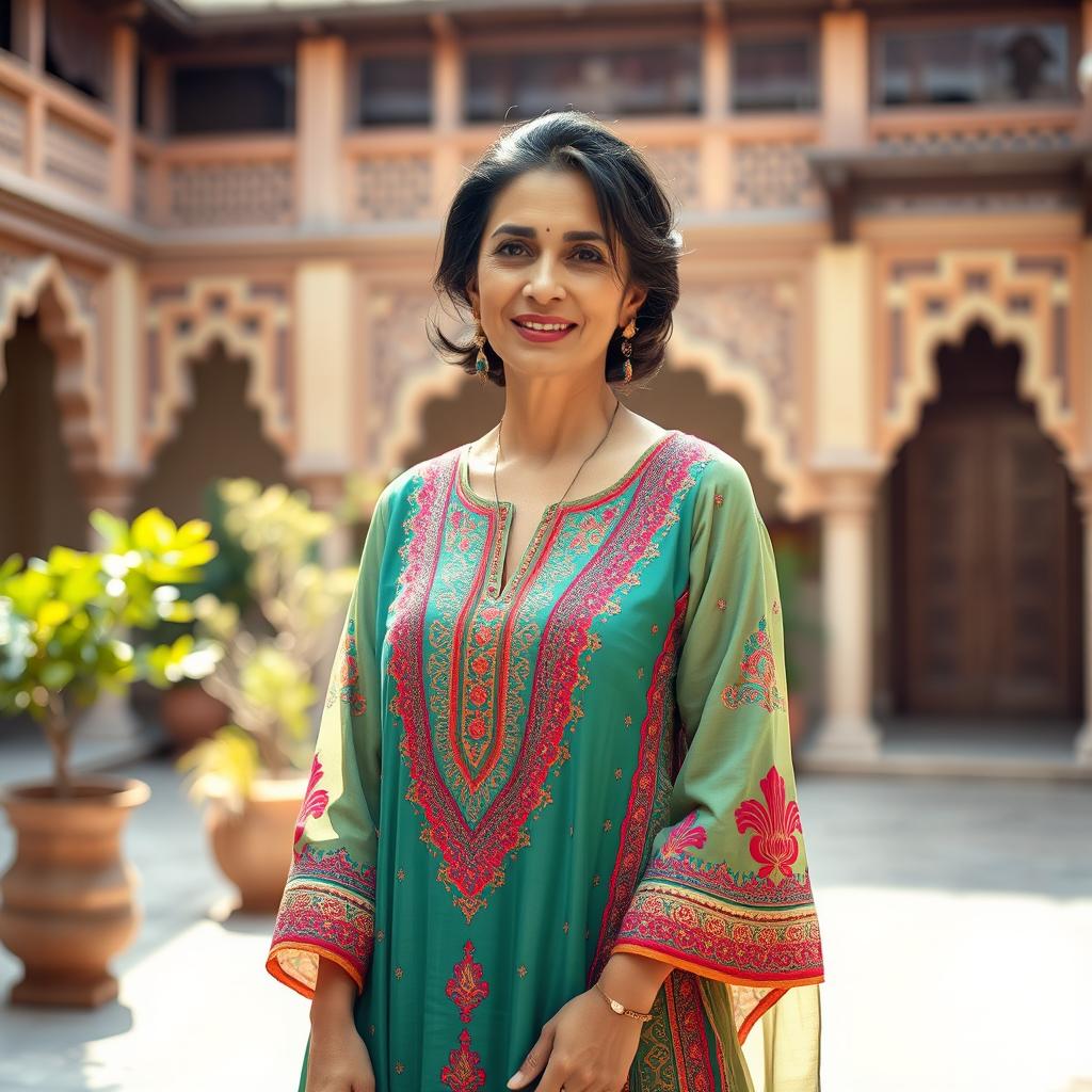 A beautiful mature Pakistani woman dressed in an elegant and colorful salwar kameez, standing gracefully against a picturesque backdrop of a traditional Pakistani courtyard