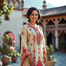 A beautiful mature Pakistani woman dressed in an elegant and colorful salwar kameez, standing gracefully against a picturesque backdrop of a traditional Pakistani courtyard