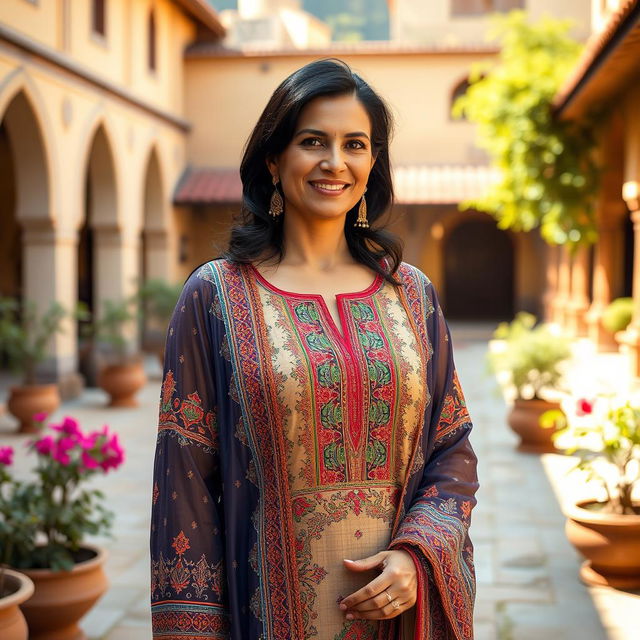 A beautiful mature Pakistani woman dressed in an elegant and colorful salwar kameez, standing gracefully against a picturesque backdrop of a traditional Pakistani courtyard