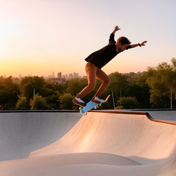 A skateboarder performing a mid-air trick with a cityscape background during sunset.