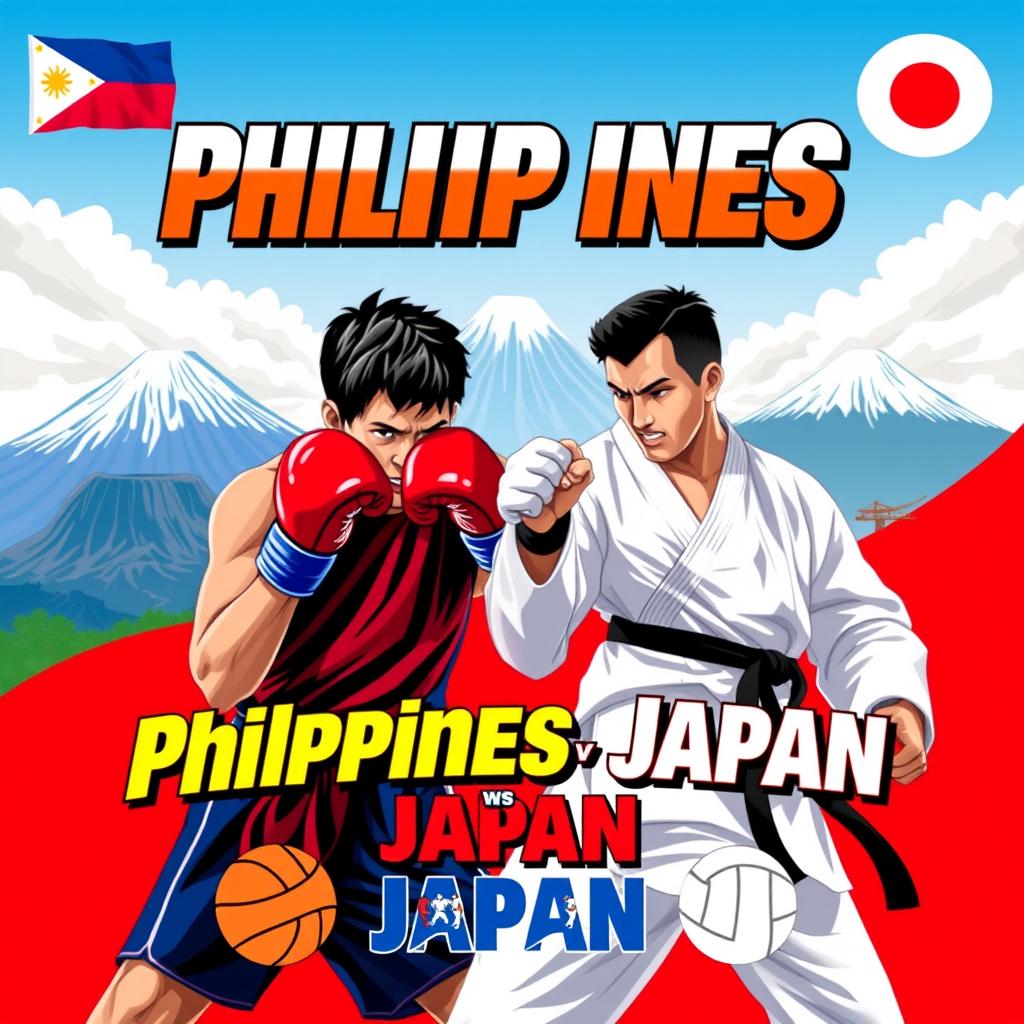 A dynamic and colorful poster showcasing a friendly sports rivalry between the Philippines and Japan