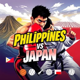 A dynamic and colorful poster showcasing a friendly sports rivalry between the Philippines and Japan