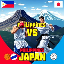 A dynamic and colorful poster showcasing a friendly sports rivalry between the Philippines and Japan
