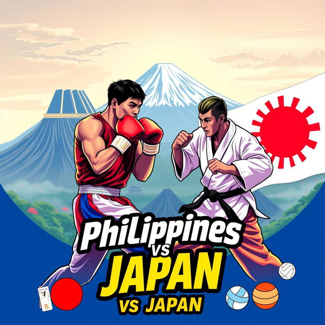 A dynamic and colorful poster showcasing a friendly sports rivalry between the Philippines and Japan