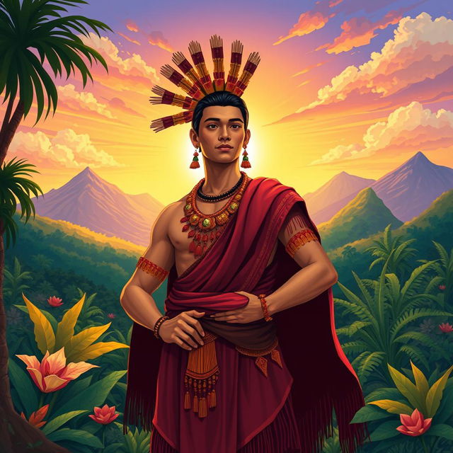 A vibrant illustration of Humadapnon, the hero of the Panay epic, depicted as a stunning figure of beauty and intelligence