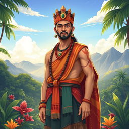 A vibrant illustration of Humadapnon, the hero of the Panay epic, depicted as a stunning figure of beauty and intelligence