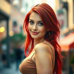A young and attractive woman with striking red hair, exuding confidence and allure